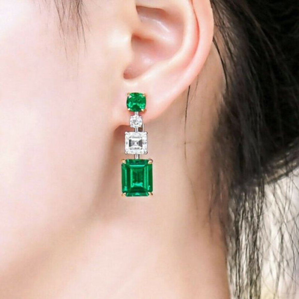 New Gorgeous 925 Silver White and Green Sapphires Drop Earrings